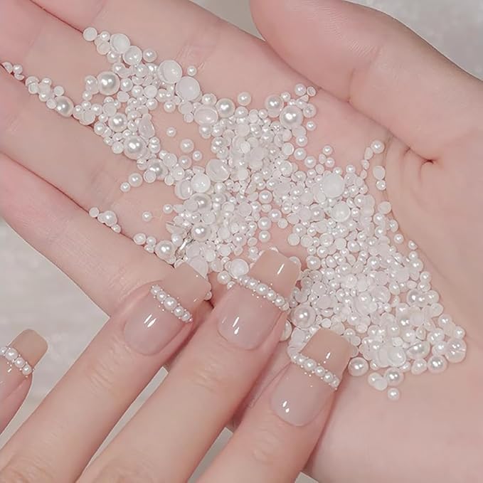 Flatback Pearls Nail Gems with Pickup Pencil and Tweezers, White & White AB Pearls Nail Charms Face gems, Half Round Pearls for Nail Art Face Makeup and Manicure Decor, Rhinestones for Nail