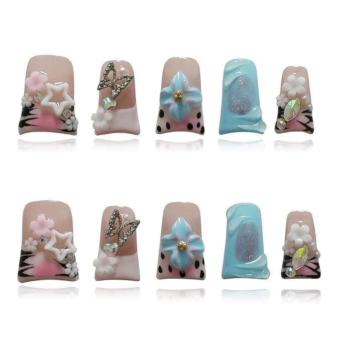 Short Duck Press on Nails - 3D Floral Metallic Butterflies False Nails with Pink French Tip & Leopard Print, Pearls Star Luxury Design, Reusable Thick Acrylic Full Cover (Dance Passion,L)