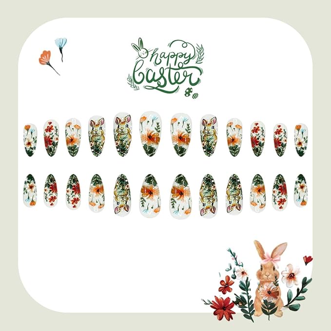 Cute Rabbit Easter Press on Nails - Medium Almond Fake Nails with Spring Flower Designs Glossy False Nails Press ons Reusable Full Cover Stick on Nails Easter Nails for Women Manicure 24Pcs