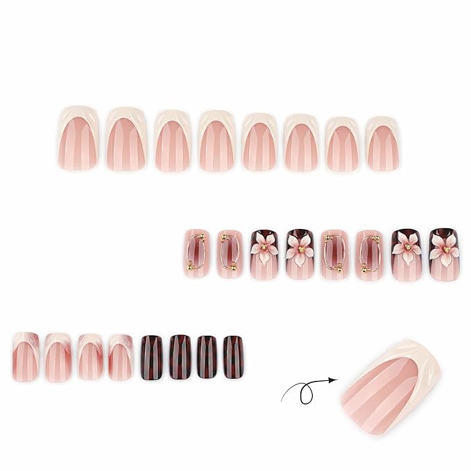 Press on Nails Short - Square Fake Nails with Ombre Flower Design - Brown, Leopard Print False Nails - for Women 24 Pcs