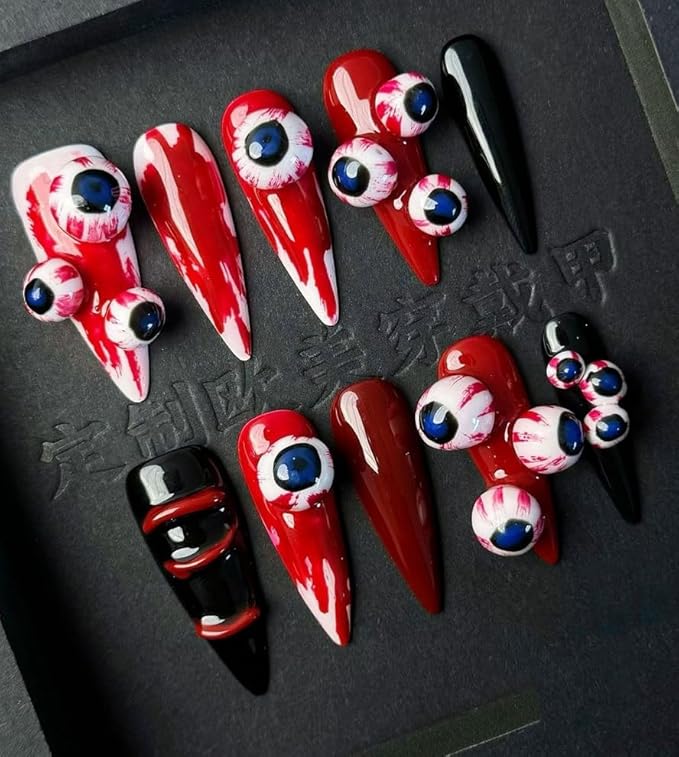 Halloween Handmade Nails Almond Long Stick on Nails Horror False Nails with 3D Bloody Eyes Designs Red Black Acrylic Nail Full Cover Thick and Muti-Layer Gel Fake Nail for Women (M)