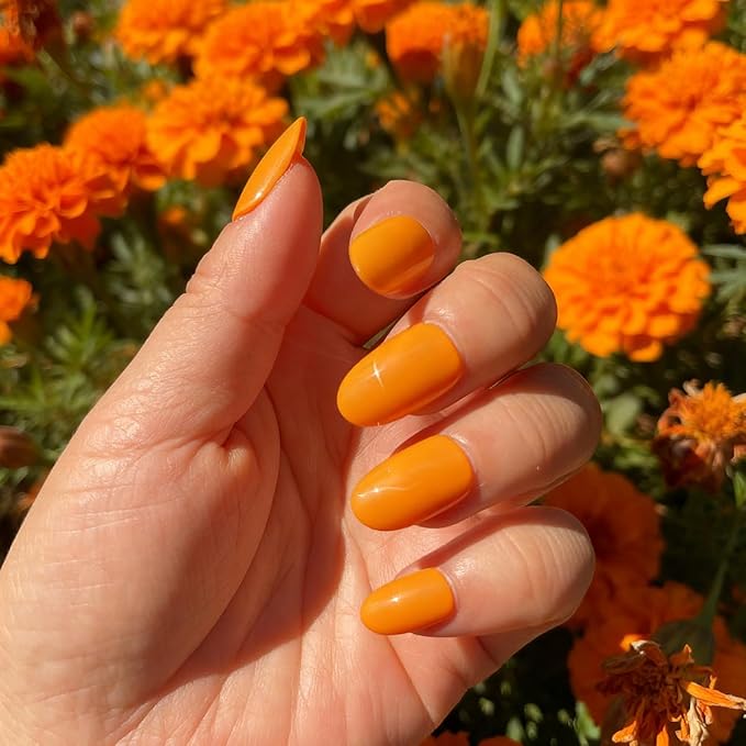 Orange Press on Nails Medium, False Acrylic Nails Press Ons,Jelly Fake Nails,Natural Petite Glue on Nails,Stick on Nails for Women Girls in 30 PCS