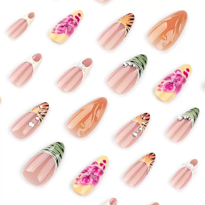Fall Press on Nails Almond - Medium Fake Nails with Colorful Floral Design - French Tip Stripes Full Cover Stick on False Nails for Women Manicure 24 Pcs