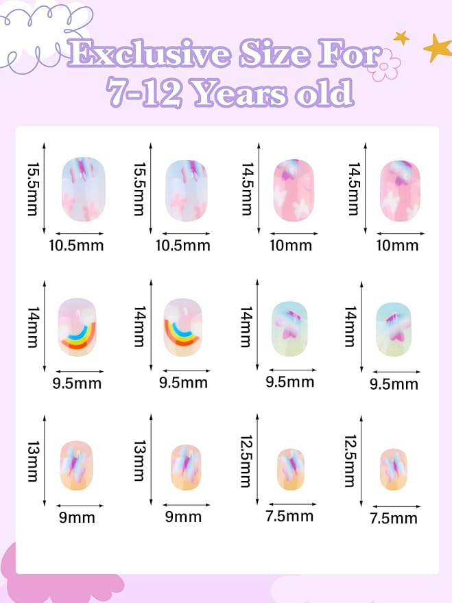 168 Pieces Press on Nails for Kids, EBANKU 7 Pack Kid Fake Nail Kit Candy Butterfly Press on Nails for Girls 6-12 Years with Nail Glue for Christmas Party