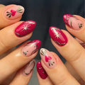 Valentines Press on Nails - Short Almond Nails Press ons with Heart & Star & Golden Line Designs, Red French Tip False Nails, Glossy Acrylic Full Cover Cute Stick on Nails for Women Manicure 24Pcs