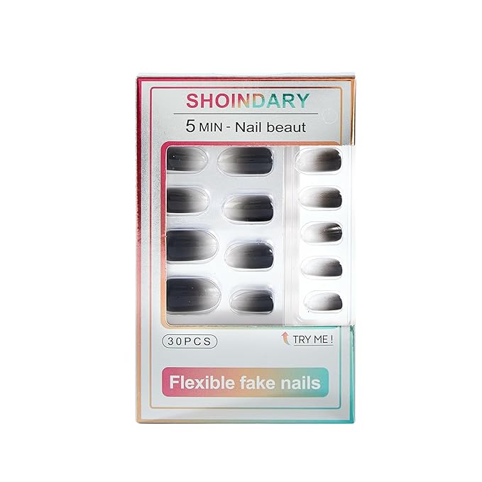 Black White Ombre Press on Nails, Medium Reusable & Natural Acrylic False Nails, Stick on Nails for Women Gift, Glue on Nails Kit 30 Pcs