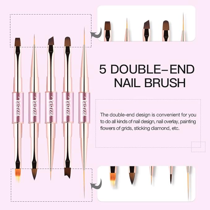 Nail Art Brushes Set Double-Ended Nail Art Tools with Nail Extension Gel Brush, Builder Gel Brush, Nail Art Liner Brush and 3D Nail Art Decorations Brush for Salon at Home DIY Manicure Set of 5Pcs