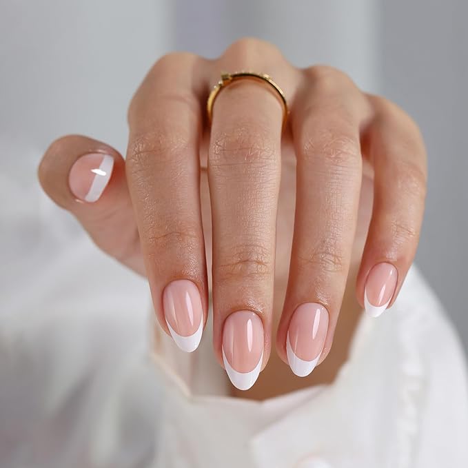 White French Tip Press on Nails Short - SHANGMENG Soft Gel Almond Nails for Women Gift, Fit Perfectly & Natural Glue on Nails in 16 Sizes - 32 Reusable Fake Nails with Glue, French White