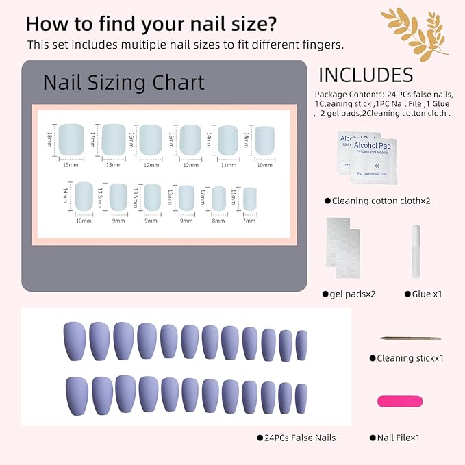 Press On Nails Matte Lavender,Glossy Short Almond Shape,Reusable Adhesive Stickers Included (24pcs)