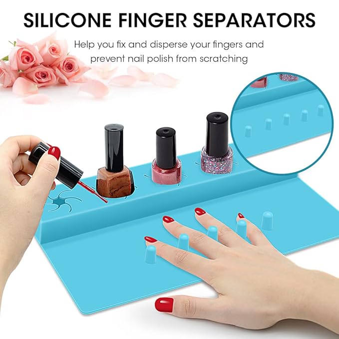 Nail Polish Holder,Silicone Hand Rest Mat Fingernail Painting Tools 2 in 1 Art Accessories Organizer Case Set with Anti-Spill Bottle Stand and Finger Separators for Pedicure Manicure(Blue)