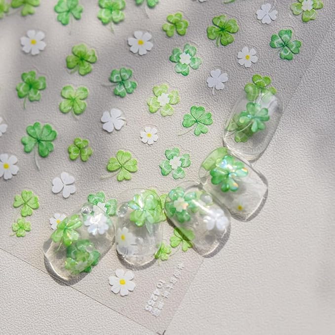 1Sheet St. Patrick's Day Nail Stickers 5D Self-Adhesive Holographic Shamrock Nail Art Stickers Spring Nail Art Decoration Four Leaf Clover Nail Decals Lucky Irish Nail Design Supplies for Women