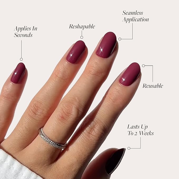 Glamnetic Press On Nails - Berry Maroon Fake Nails | Opaque Dark Red Maroon Short Round Fake Nails, Salon Quality | 12 Sizes - 30 Nail Kit with Glue