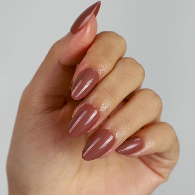 Light Maroon Press On Fall Nails Short 16 Sizes 32pcs, Almond Fake Nails Glossy, Nail Glue Included (Withered Rose)