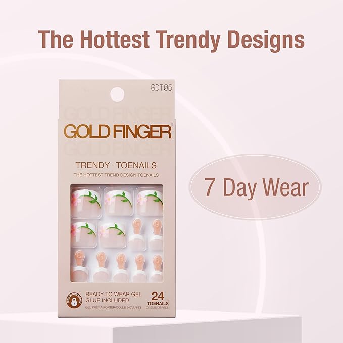 GoldFinger 24 Pcs Press On Toenails, Ready to Wear Fake Nails, Flower French Tip Gel Stick On Extensions, Reusable Pedicure False Nail Kit with Glue, Cuticle Stick & File, 7 Day Long Lasting Wear