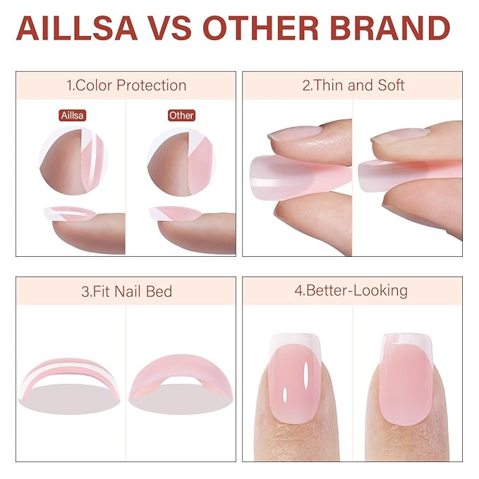 AILLSA Short Square Press On Nails, 192 Pcs Pink French Tip Press On Nails, French Gel Nail Tips, Pre-Applied Primer & Base Coat, No File Need DIY Manicure Fake Nails for Extension Gifts for Women