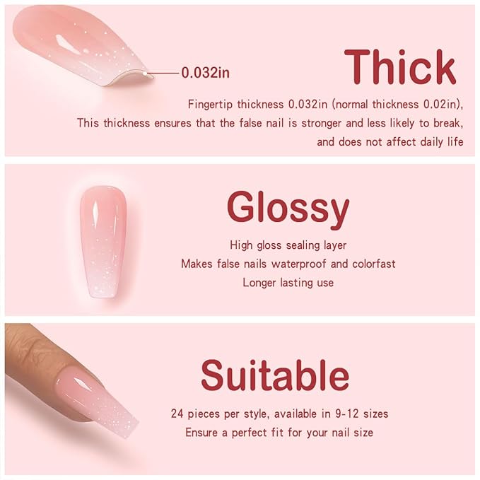 Yivaiks Bling Coffin Press on Nails Medium Fake Nails Tips Full Cover False Gradient stick on Artificial Nails Kit 24pcs