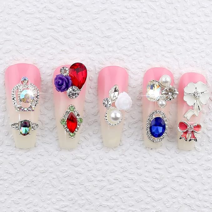 50pcs 3D Nail Charms for Acrylic Nails, Mix Styles Silver Rhinestones for Nails Metal Nail Jewels for Nail Art Charms for Nails Design Alloy Zircon Nail Rhinestones Pearl Nail Gems Women Nail Supplies