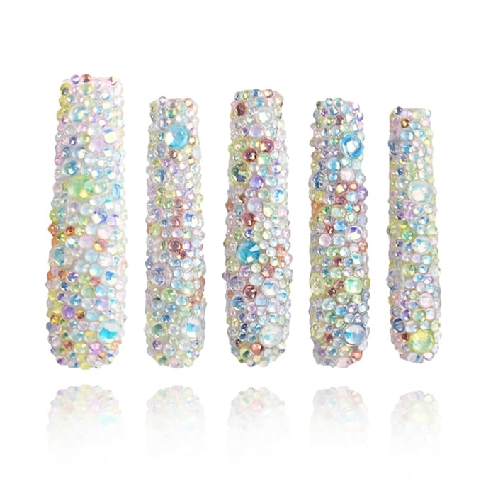 2025 Long Novel Design and Reusable Handmade PMMA Acrylic Press on Nails Full Coverage Candy 3D Crystal Fake Nails With Box Gifts for Women (Bubble World, L)