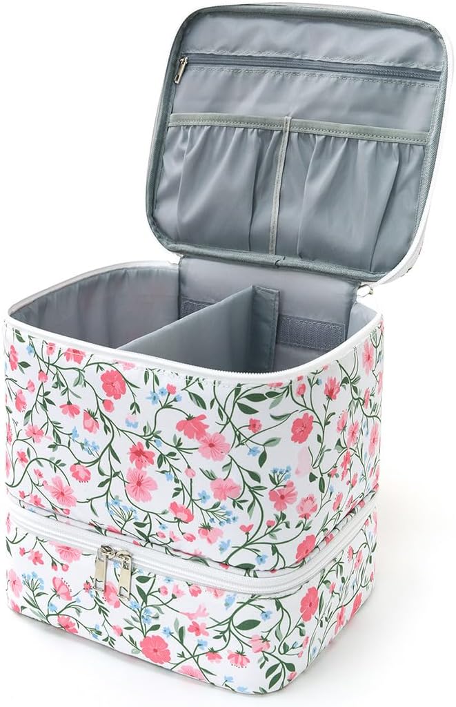 Nail Polish Organizer Aesthetic Nail Organizers and Storage, Bow Nail Supplies Kit Organizer Travel Carrying Case for Manicure Tools (Floral F, 2 Layer)