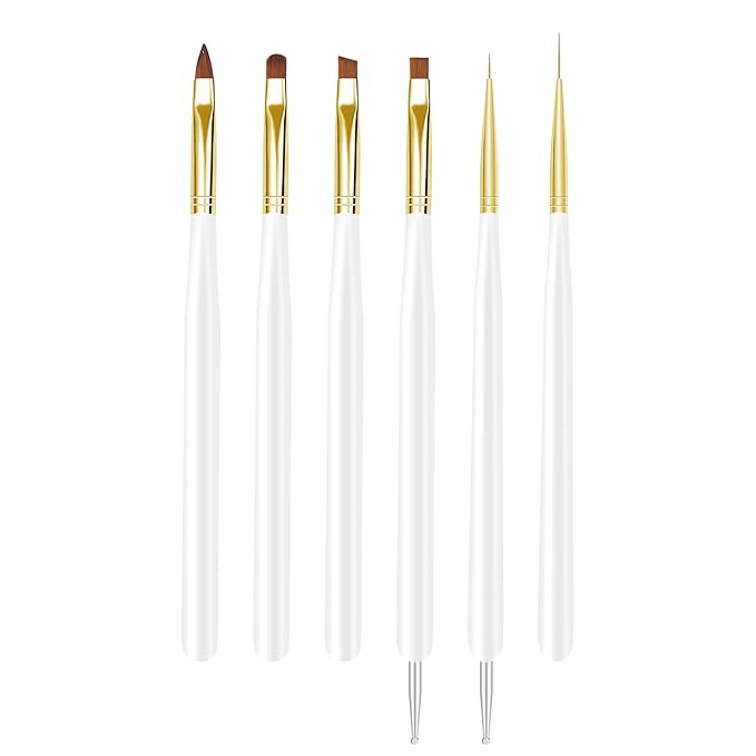 Nail Art Brushes, 6Pcs Nail Art Painting Tools with Nail Art Fine Liner Brush, Nail Design Painting Brushes Set, Builder Gel Brush, Nail Dotting Pen for Gel Polish Manicure Salon DIY, White