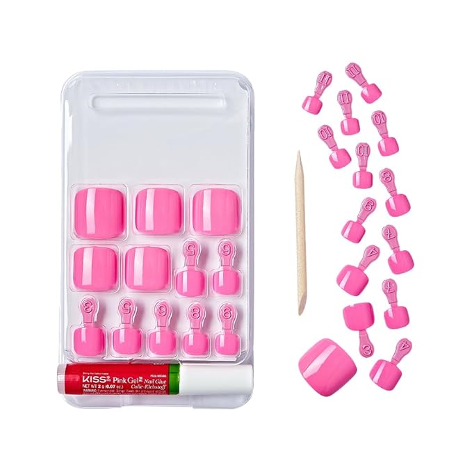 GoldFinger Press On Toenails Kit, High Pigment Pink Color Fake Toenail, Ready to Wear Gel & Manicure Stick, 2g Glue included, Long-Lasting Convenient & Easy to Apply