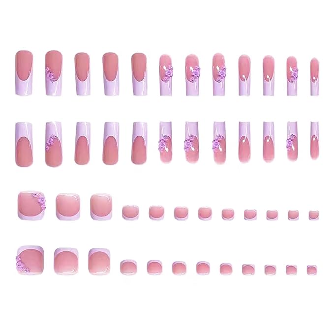 48Pcs Square Press on Nails Long & Press on Toenails Set, French Tip Press on Nails with Purple Flower Charms Design False Nails Short Press on Toenails Full Cover Glue on Nails for Women Manicure