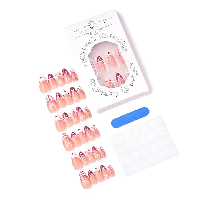 30Pcs Valentines Press on Nails Medium Almond Fake Nails French Tip Nails Press Ons Heart False Nails with Pearl Design Bow Stick on Nail Glossy Acrylic Glue on Nail Women Decoration Set