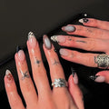 Black French Tip Fake Nails Medium Almond Press on Nails Flower Nails Press Ons Brown Stick on Nail Glossy Full Cover False Nails Acrylic Nude Glue on Nail for Women and Girls Decoration 24Pcs