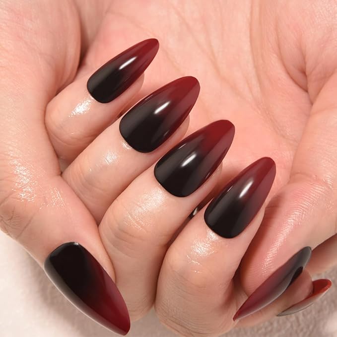 evpct Press on Nails Short Almond Ombre Design, Black to Blood Red Ombre Glossy Artificial Acrylic Fake Nails Reusable with Kit, Perfectly Fit Stick on Full Cover Soft Stick on False Nail for Women