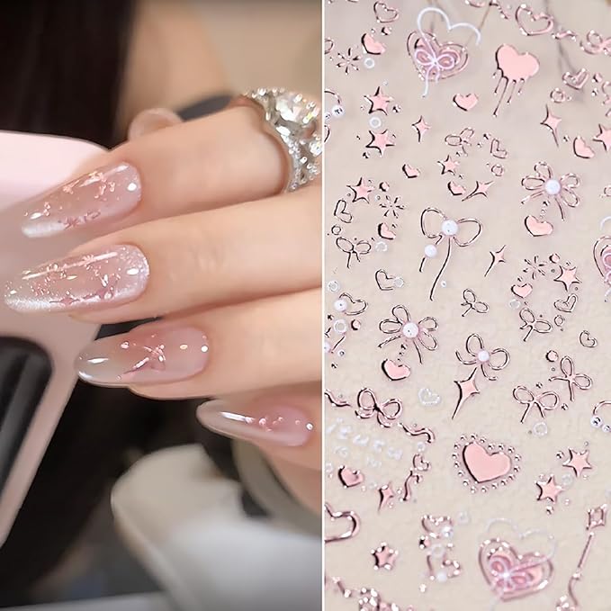 1Pcs 5D Valentines Nail Art Stickers Self Adhesive Rose Gold Bow Nail Decals Embossed Love Heart Nail Stickers Shiny Star Nail Design Sticker Pink Valentines Sticker Cute Nail Supplies Decor for Women