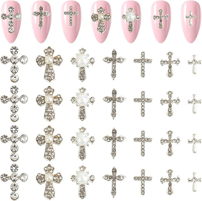 CRASPIRE 56Pcs 7 Styles Cross Nail Charms 3D Y2K Metal Alloy Rhinestone Flat Pearl Luxury Nail Gems Set Gothic Vintage Punk Studs Decor for Women Nail Art Crafts DIY Christmas Decorations Cellphone