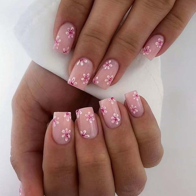 Press on Nails Square - Short Fake Nails with Pink Flower Design - Cute, Spring False Nails Press ons - for Women 24 Pcs