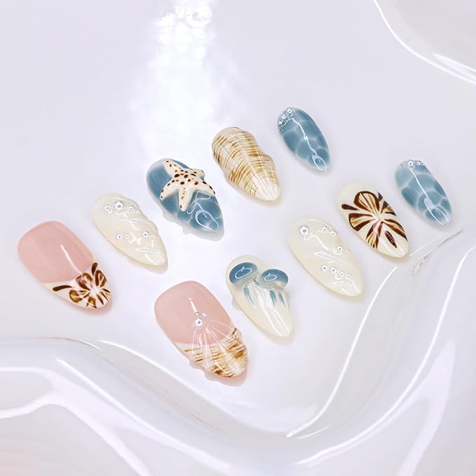 Luxury Press on Nails Short Almond Handmade 3D Starfish Fake Nails French Tip False Nails Flower Pearl Art Designs Glossy Stick on Nails Full Cover Thick Acrylic Nail for Women (Size M)