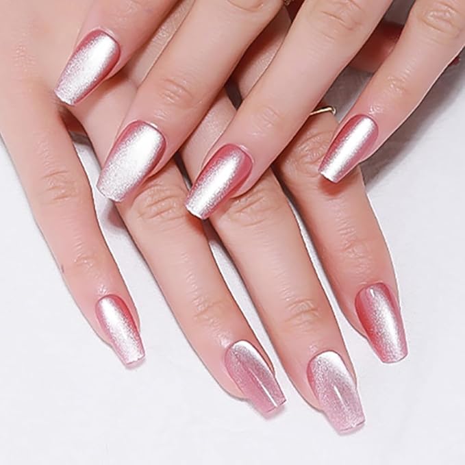evpct Pink Cat Eye Press on Nails Square Medium Coffin, Medium Square Stick on Nails for Women Gift, Plum Pink Metallic Glitter Glossy Reusable Spring Summer Press on Acrylic Fake Nail with Design