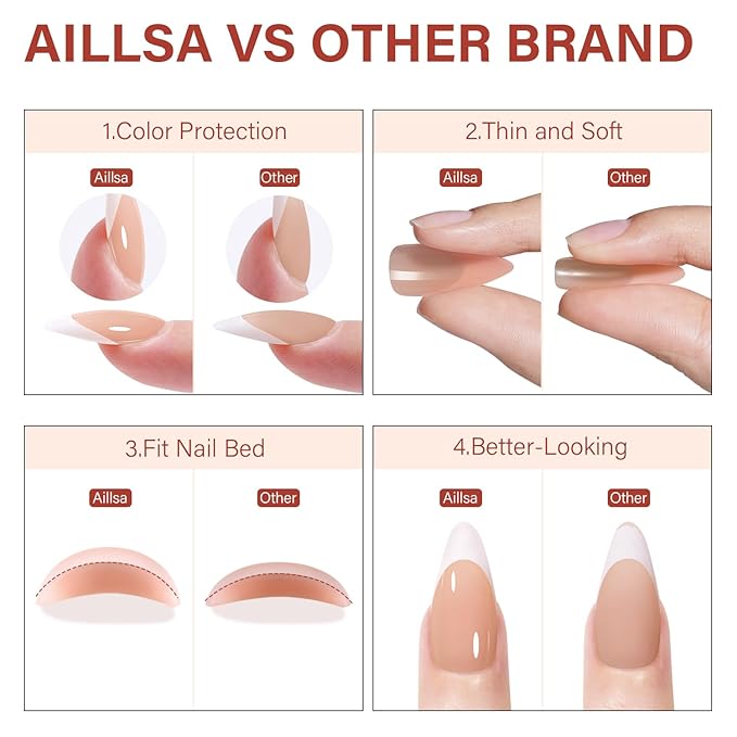AILLSA French Gel Nail Tips,180 Pcs French Tip Press On Nails Medium Almond, Pre-Applied Primer & Base Coat, No Need File, Almond Fake Nails Press ons with Designs 15 Sizes