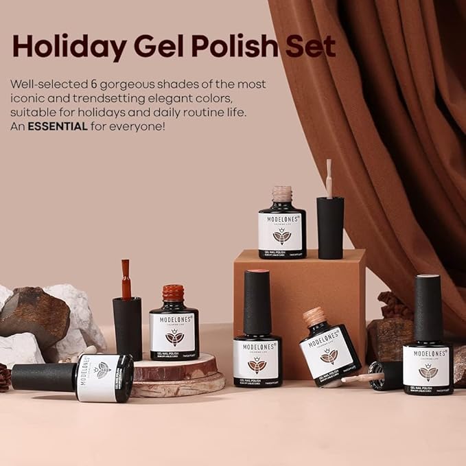 modelones Gel Nail Polish Set, 6 Colors Nude Brown Gel Polish Kit Glitter Champagne Gold Burgundy Wine Dark Red Nail Polish Soak OFF LED Manicure Nail Art DIY Home Salon Gift for Women