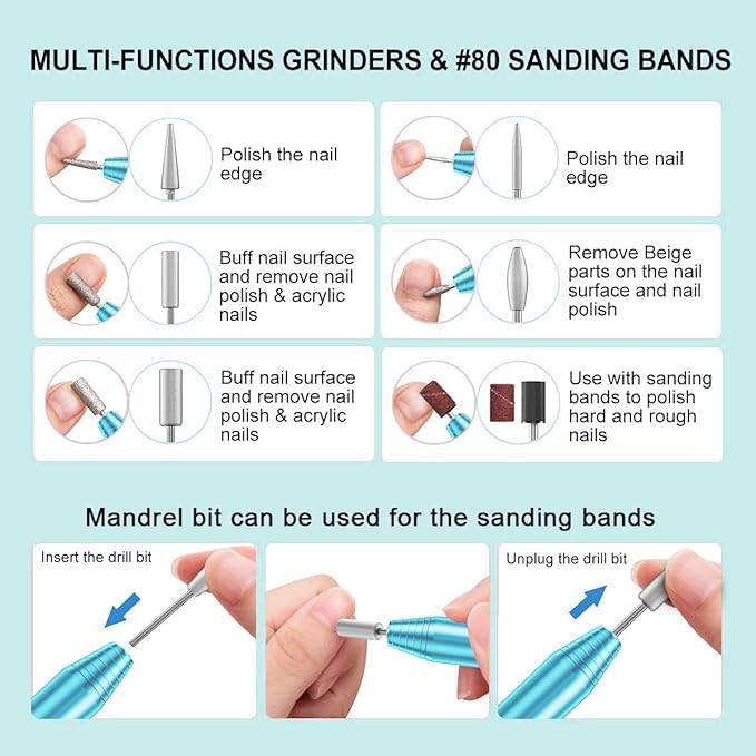 Electric Nail Drill,USB Electric Nail Drill Machine for Acrylic Nail Kit,Portable Electric Nail File Polishing Tool Manicure Pedicure Kit Efile Nail Supplies for Home Salon,Sky Blue