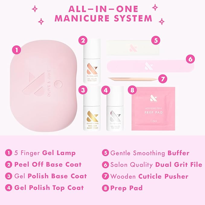 Olive & June Gel Starter Kit | Includes Nail Tools, Peel-Off & Gel Base Coats, Top Coat, & LED Lamp | Easy At-Home Manicure Kit | 15-Free, Vegan, Cruelty-Free