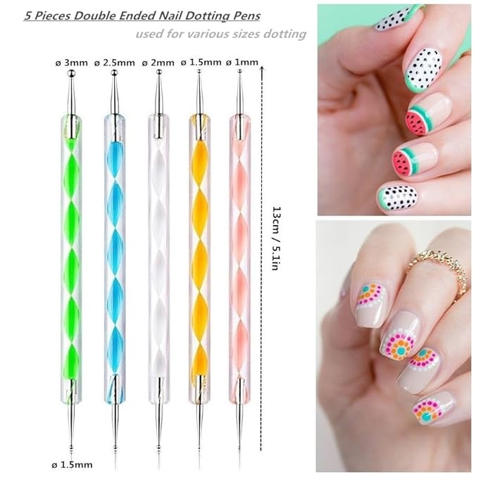 5PCS Dotting Pens and 3PCS Nail Painting Brushes, Double-Ended Acrylic Nail Art Liner Brush Dotting Pen for Gel Polish Nail Paintings 3D Nail Pattern Detail Brush, Nail Art Design Tools