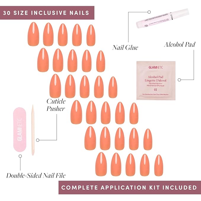 Glamnetic Press On Nails - Soft Tangerine | Medium Almond Orange Fake Nails with Glossy Finish, Salon Quality | 15 Sizes - 30 Nail Kit with Glue