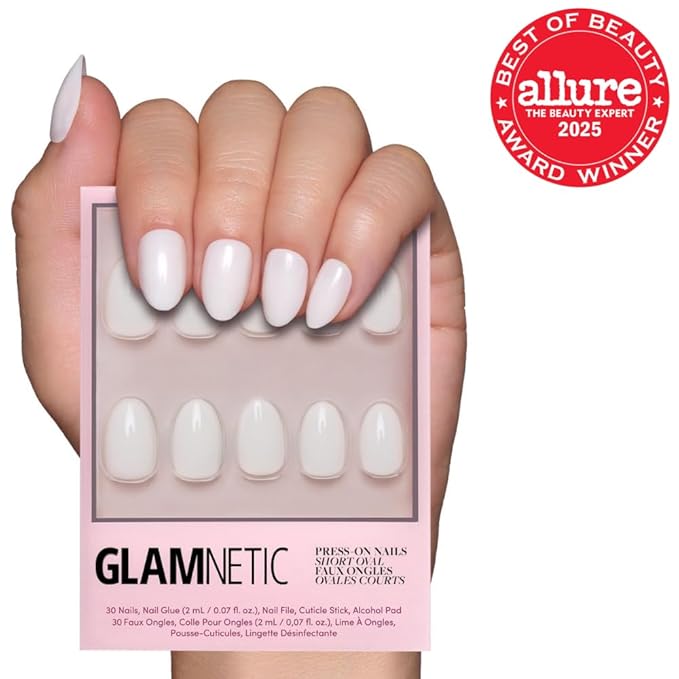 Glamnetic Press On Nails - White Swan Fake Nails | Opaque Classic Off White Short Oval Fake Nails, Salon Quality | 15 Sizes - 30 Nail Kit with Glue