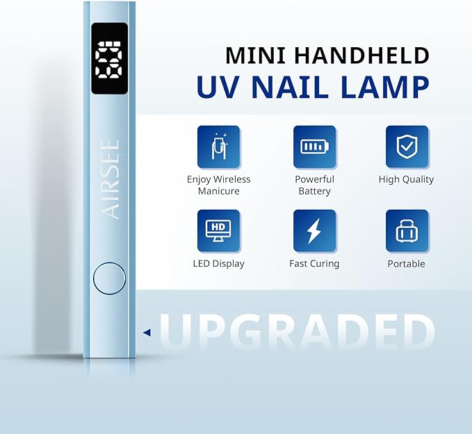 AIRSEE Cordless Mini Nail Lamp,Handheld UV Light with LCD Display for Gel Nails,Rechargeable USB Nail Dryer for Fast Cure,Rhinestone Glue Decoration,Gel Nail Strips at Home,Travel(Blue)