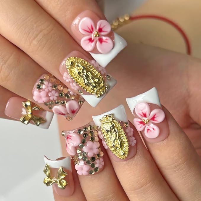 Press On Nails Handmade Short Duck Nails, Glossy Art Designs Reusable Acrylic Artificial Stick On Nails, 10 Pcs False Nails Set (Size M)