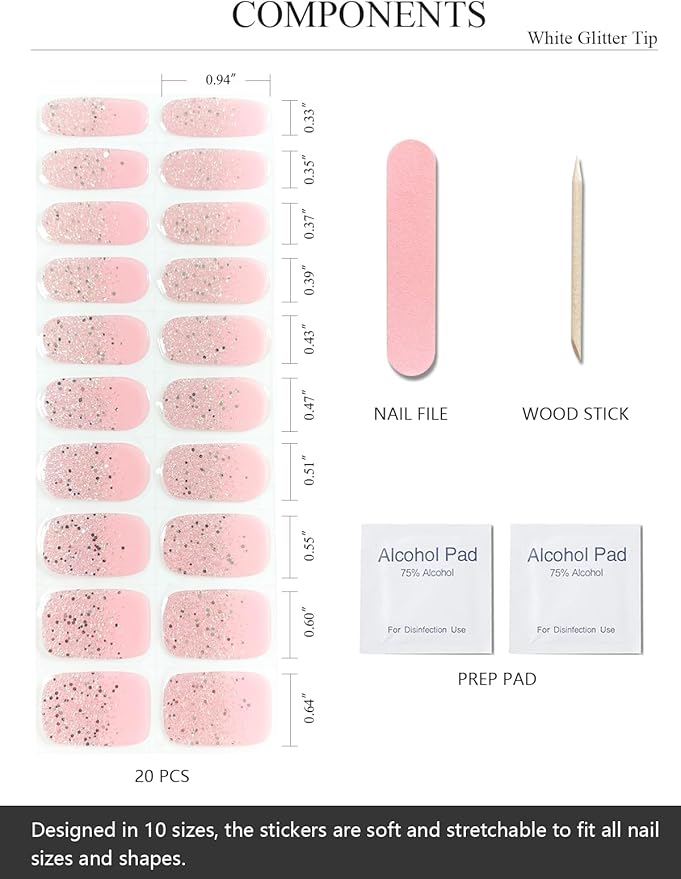 Semi Cured Gel Nail Strips (White Glitter Tip), 20 Pcs Pink Base Gel Nail Wraps, Stickers, Salon Quality, Long Lasting, Works with Any UV Lamps