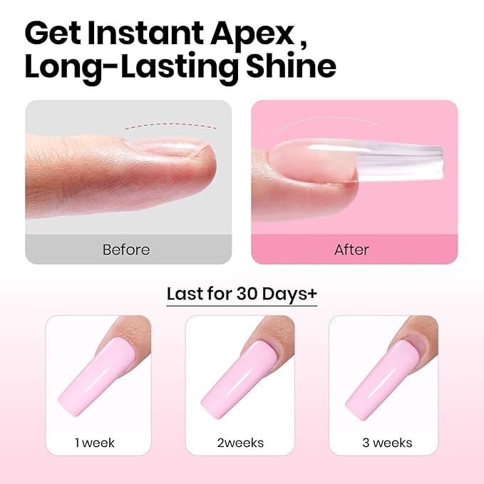 Beetles Tipex Instant Apex Nail Tips Kit, Square Long, 224pcs 16 Sizes, with Tipex Nail Glue, Dehydrator, Primer, Base & Top Coat, Mini UV Lamp, Pre-Building Kit