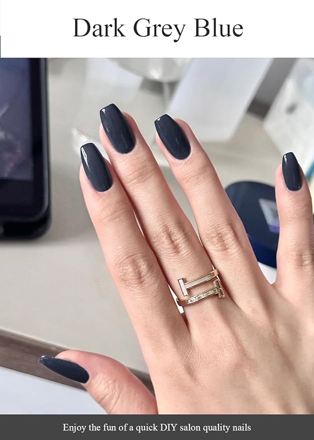 Semi Cured Gel Nail Strips (Dark Grey Blue), 20 Pcs Gel Nail Wraps, Stickers, UV Light Required, Salon Quality, Long Lasting
