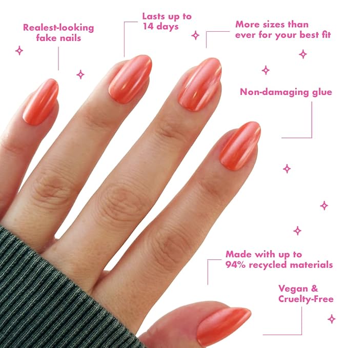 Olive & June Maximalist Instant Mani Press-On Nails (Glue) | 42 Fake Nails, 21 Sizes | Non-Toxic, Long-Lasting Big, Bold Gorgeous Realistic Look | Salon-Quality | Medium, Oval | Bounce Back Chrome