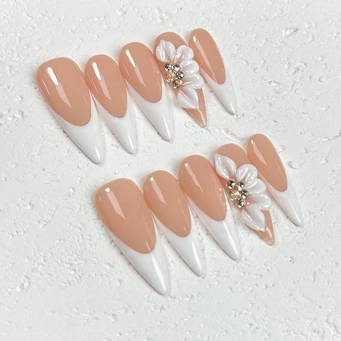 White French Press on Nails Long Stiletto False Nails with 3D Flower Designs Handmade Acrylic Fake Nails Muti-Layer Gel Glue on Full Cover Stick on Nails for Women（Size S)