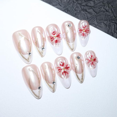 10 Medium Almond Handmade Press On Nails |Pearl Nude Pink French Tip Fake Nails with 3D Red Floral, Gold Line Art & Rhinestone Accents | Easy Apply & Remove, Reusable Salon Quality (5U07, S)