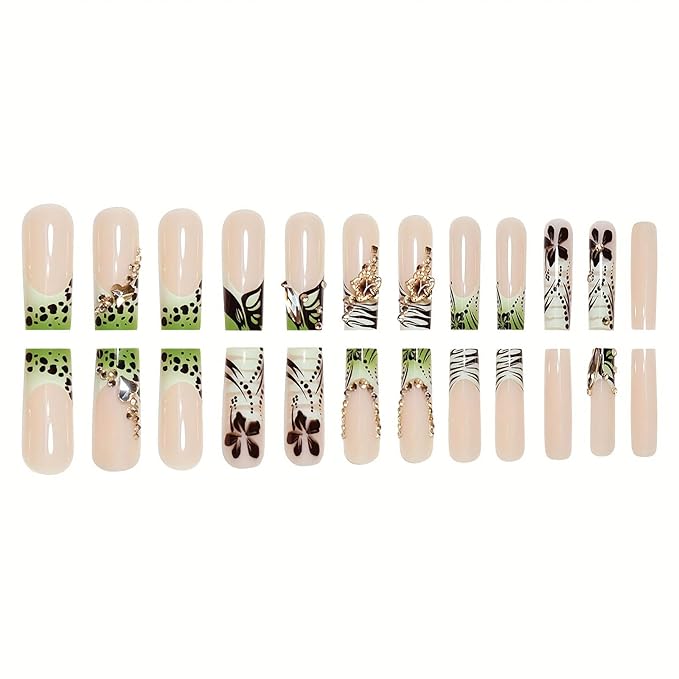 Long Press on Nails Square Green French Tip Fake Nails Nude Glossy Glue on Nail with Rhinestones Designs Acrylic Nails Press ons Long Square False Nails Stick on Nail for Women 24Pcs